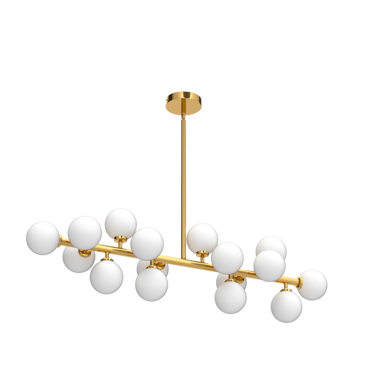 APBEAMLighting Gold Mid Century Modern Chandelier, 16 Lights, White Glass Globe, Linear Pendant Fixture for Dining Room