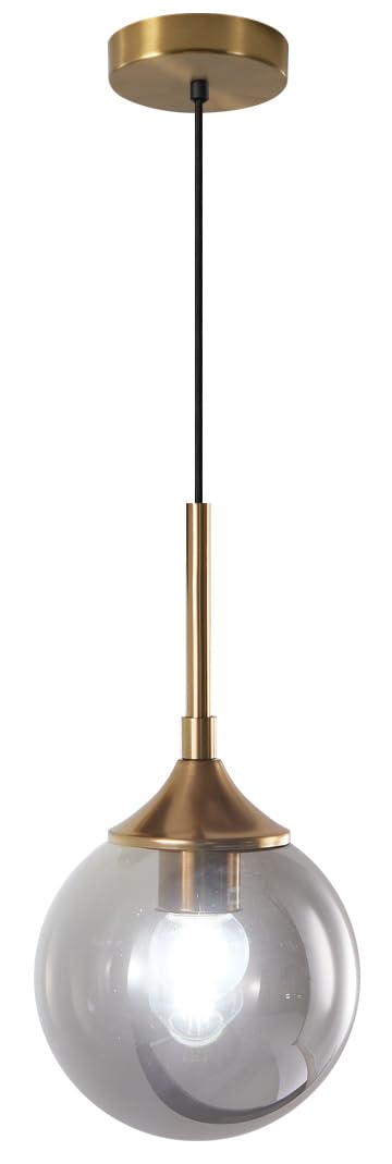 KCO Lighting Modern Pendant Light, 1-Light Globe, Smoke Gray Glass, Brushed Brass, Model L1097-S, Adjustable Fixture for Living Room/Kitchen Island