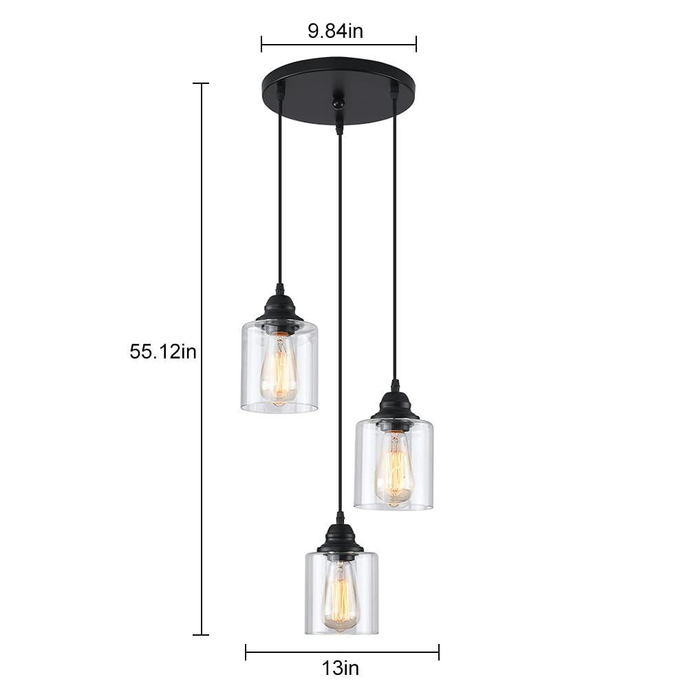 SINMILA Industrial Pendant Light - 3-Lights Matte Black Glass Shade, Adjustable Retro Fixture for Kitchen and Farmhouse