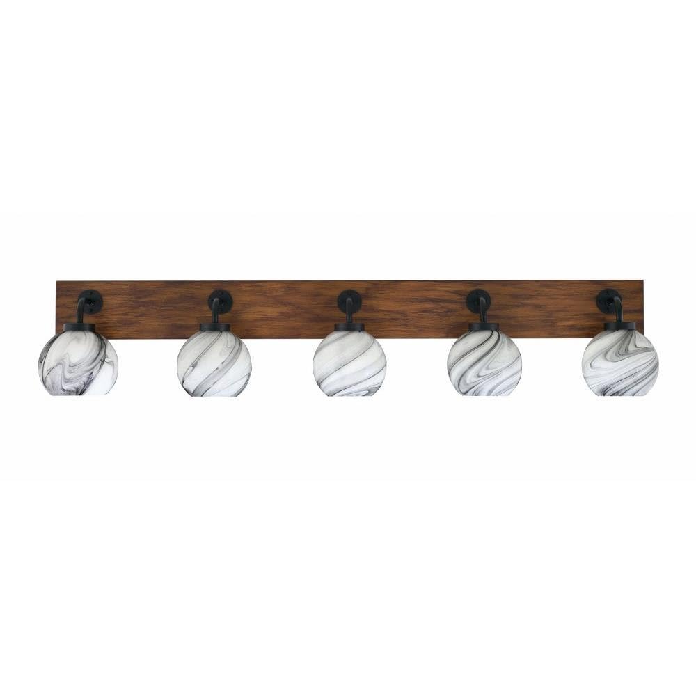 Toltec Lighting 1775-MBWG-4109 Oxbridge - 5 Light Bath Bar-9 Inches Tall and 46.5 Inches Length, Finish Color: Matte Black/Painted Wood-Look Metal, Glass Color: Onyx Swirl
