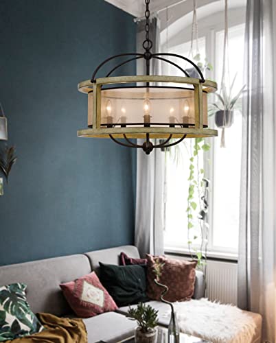 Cal Lighting FX-3781-5 Palencia Rubber Wood Round Chandelier, Distressed Oak, Organza Shade