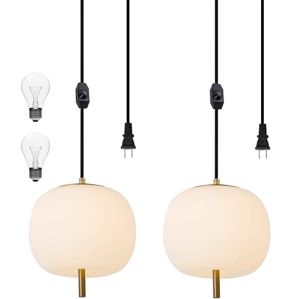 JC TOPA Mid Century Modern Pendant Light Fixture, Milk Glass 7    Globe Hanging Light with Dimmable Switch and Plug in for Kitch