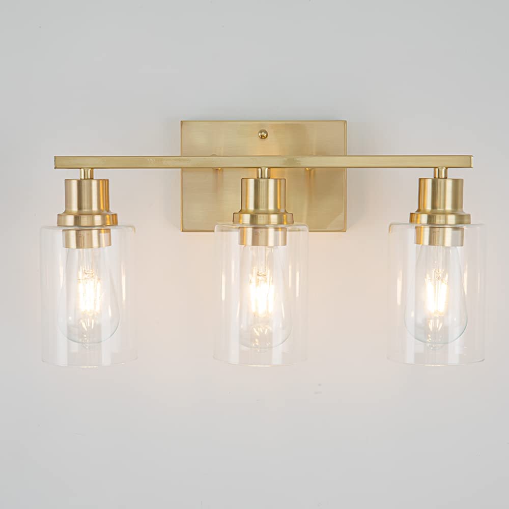 Emong Gold Bathroom Light Fixtures, 3-Lights Vanity Light With Clear Glass Shade, Brushed Brass Wall Sconce For Hallway, Farmhou