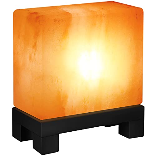 Umaid Himalayan Salt Lamp Rectangle, Salt Rock Lamp On Modern Wood Base, Night Light Bulb & Dimmable Cord, Natural Himalayan Pin