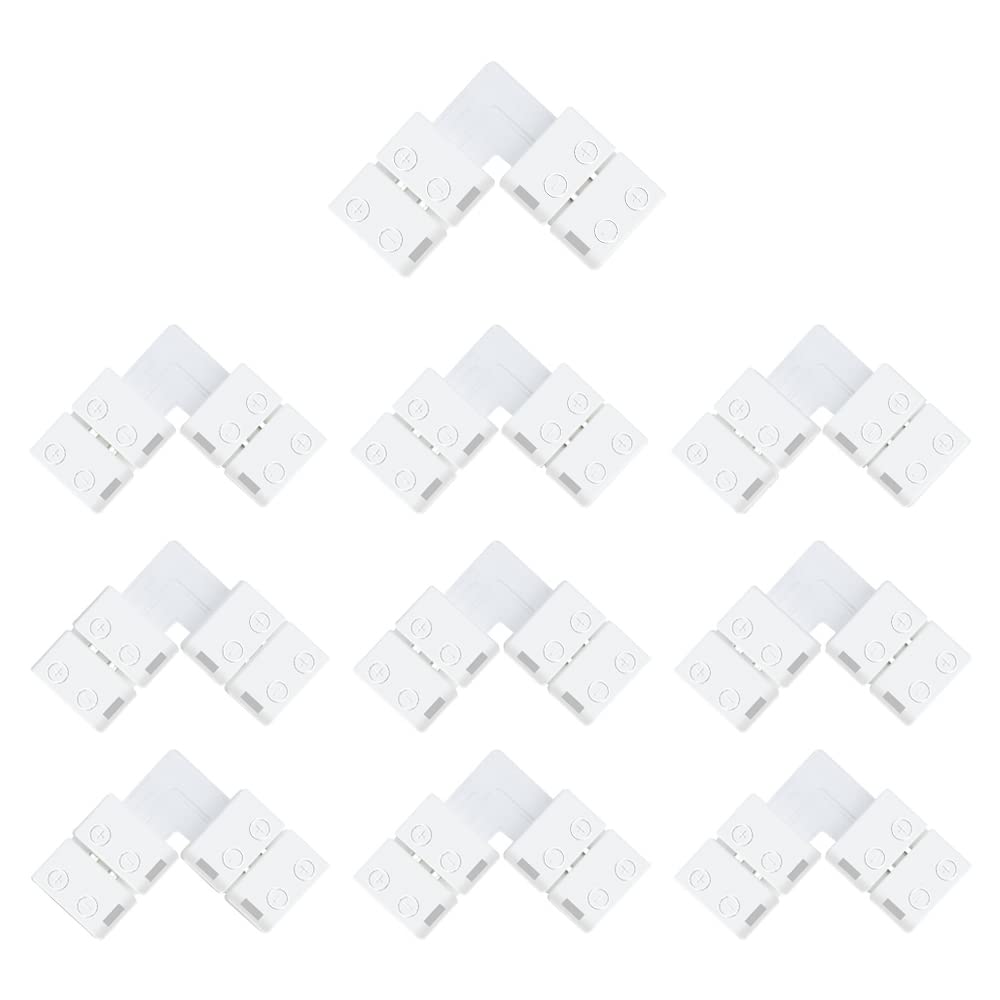 LightingWill 10pcs Pack L Shape Solderless Snap Down 2Conductor LED Strip Connector for Right Angle Corner or 90 Degree Connecti