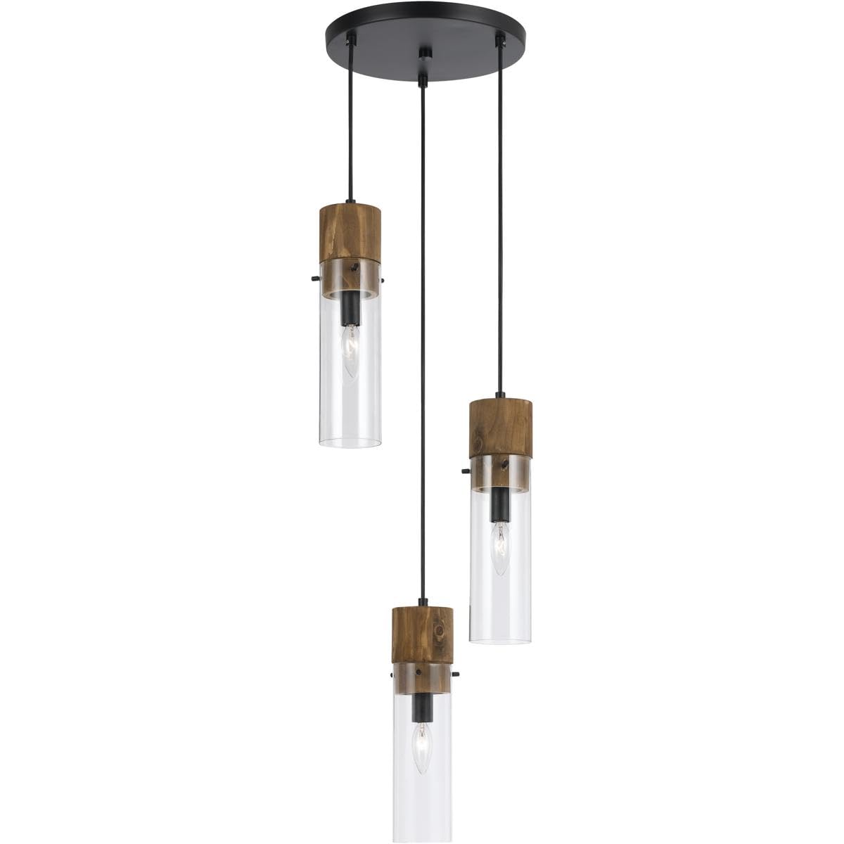 Cal 60W X 3 Spheroid Glass Pendant, Black/Wood (FX-3583-3)