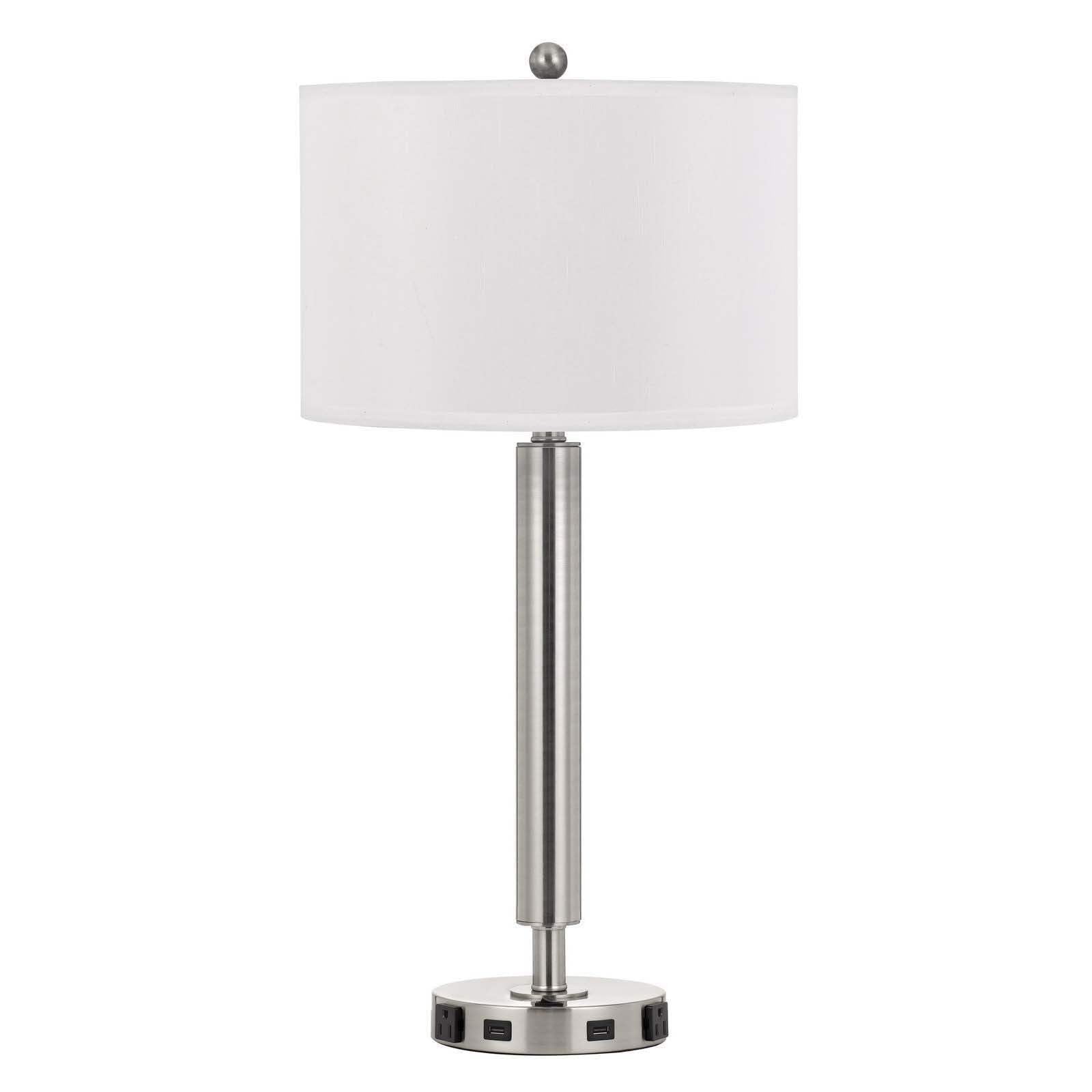 HomeRoots Metal USB Table Lamp with Drum Shade, 30 in., Nickel & White, Model 524754