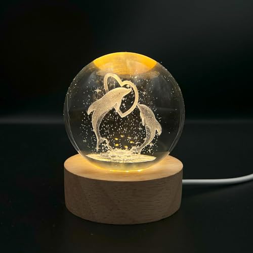 BITTZOOT 3D Galaxy Crystal Ball Night Lamp,Solar System Dolphin Crystal Ball Night Light, USB Table Colorful LED Wooden Crystal 