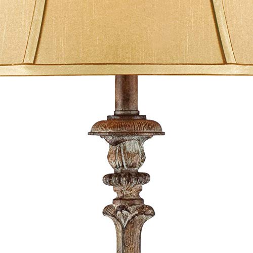 Regency Hill Rustic French Country Traditional Style Floor Lamp Standing 62'' Tall Faux Wood Antique Candlestick Beige Silk Fabr
