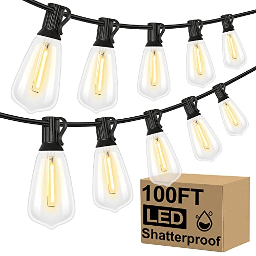 Brightever LED Outdoor String Lights, 100FT, 52 Shatterproof Vintage Edison Bulbs, 2700K Warm White, Waterproof for Patio, Deck, Garden