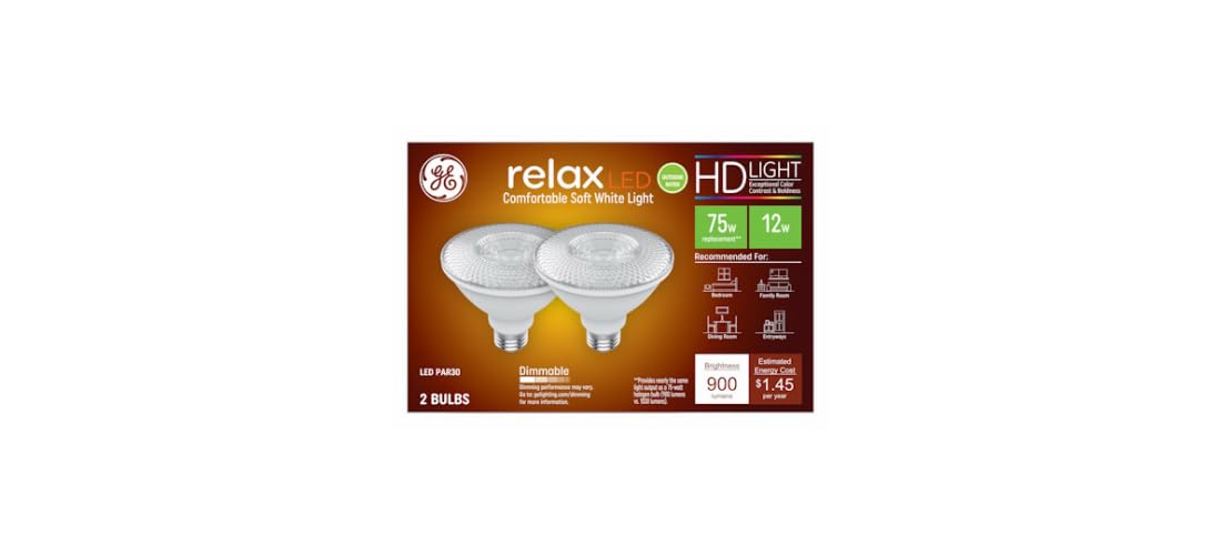 GE Relax LED Light Bulb, 75W PAR30 Outdoor Floodlights, Soft White, 2 Pack, Plastic