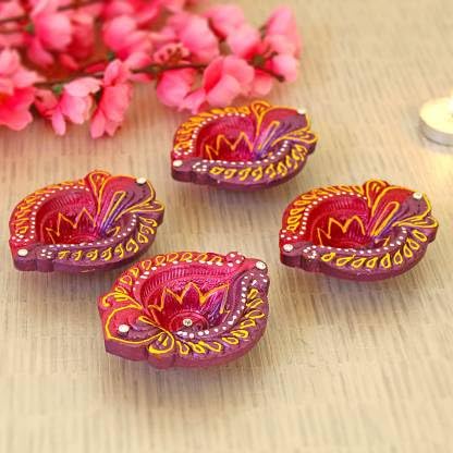 TIED RIBBONS Pack of 4 Clay Diya Set - Large Size Teracotta Diya Set Earthen Oil Ghee Diyas Mitti Diya Combo Pack - Decoration I