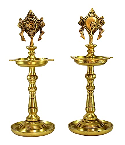 eSplanade Brass Oil Lamps - 13 inches | Shankh Chakra Narayan Oil Lamp Diya Deepam Brass Lamps Kuthu Vilakku