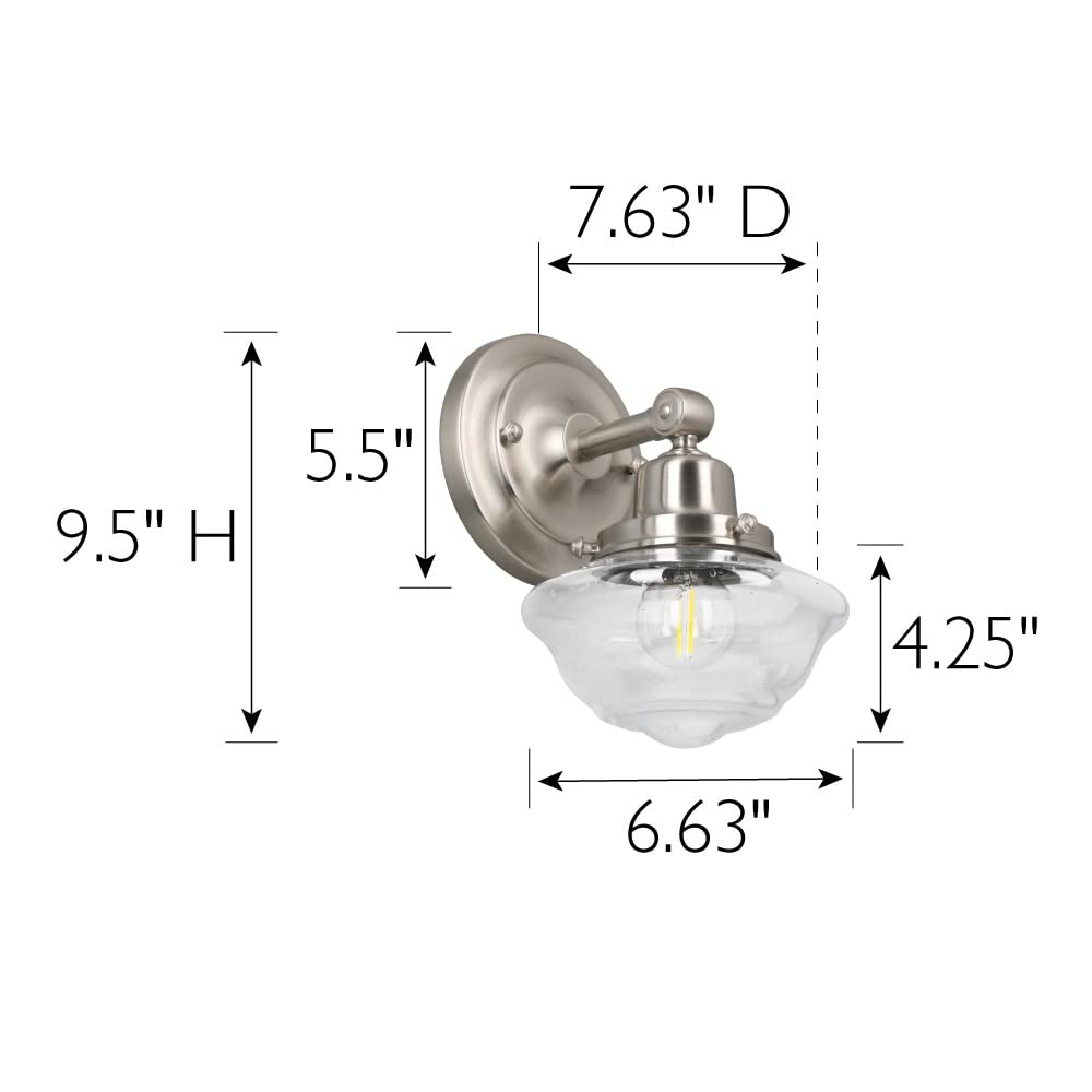 Design House Vintage-Inspired Schoolhouse Wall Sconce, 6.625 in x 7.625 in x 9.5 in, Satin Nickel, Clear Seeded Glass Shade, 589
