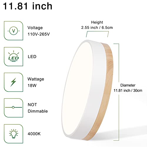 WOKNOS Modern Dimmable LED Flush Mount Ceiling Light, 11.8" White Oak Fixture for Bedroom, Living Room, Bathroom, Model WK20240716004