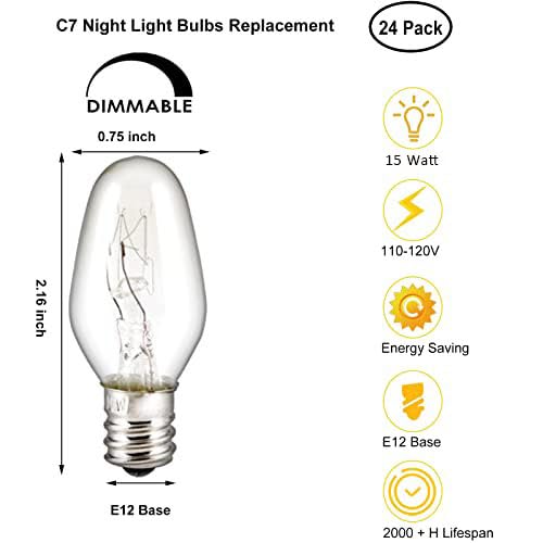 Linmifo 24 Pack C7 Night Light Bulbs, 15 Watt Night Light Bulbs Dimmable, E12 Candelabra Base Salt Lamp Bulbs Wax Warmer Bulbs F