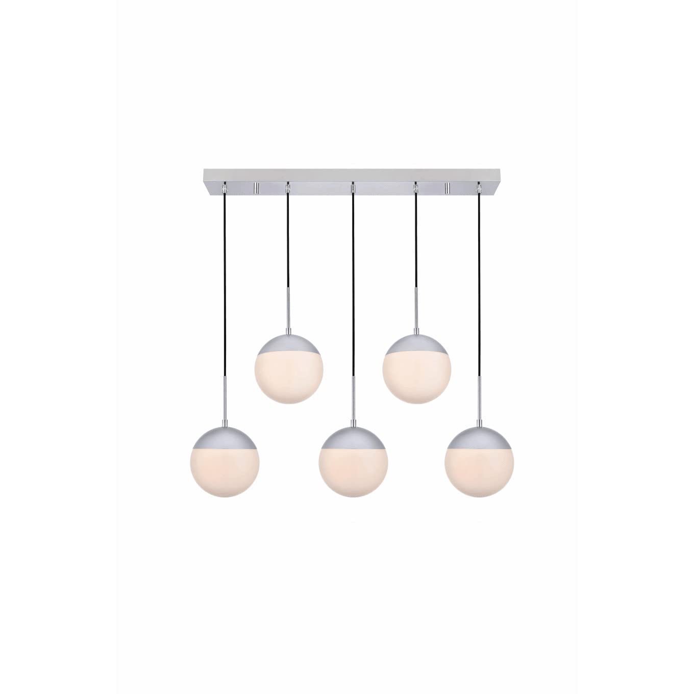 Living District Chrome Pendant Light - 5 Frosted White Glass Shades - Modern Lighting Fixture