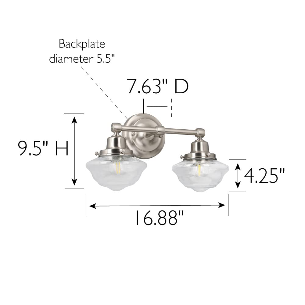Design House Vintage-Inspired 2-Light Vanity Light, Satin Nickel, Clear Seeded Glass Shades, 16.875in x 7.625in x 9.5in, Model 589135