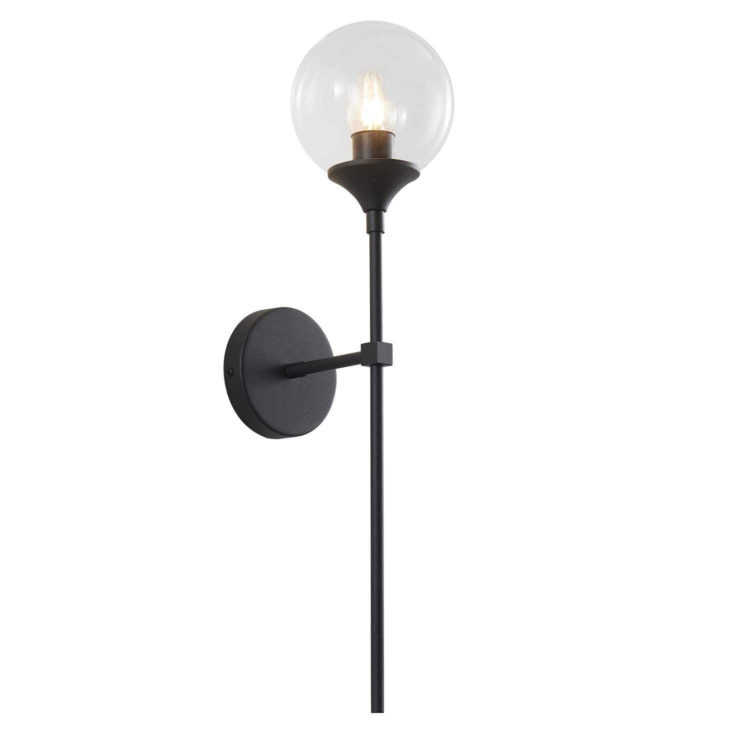 KCO Mid Century Wall Sconce Black Clear Glass Globe Light, Model W1032-B-C, Minimalist Design for Hallway, Stairs, Bathroom
