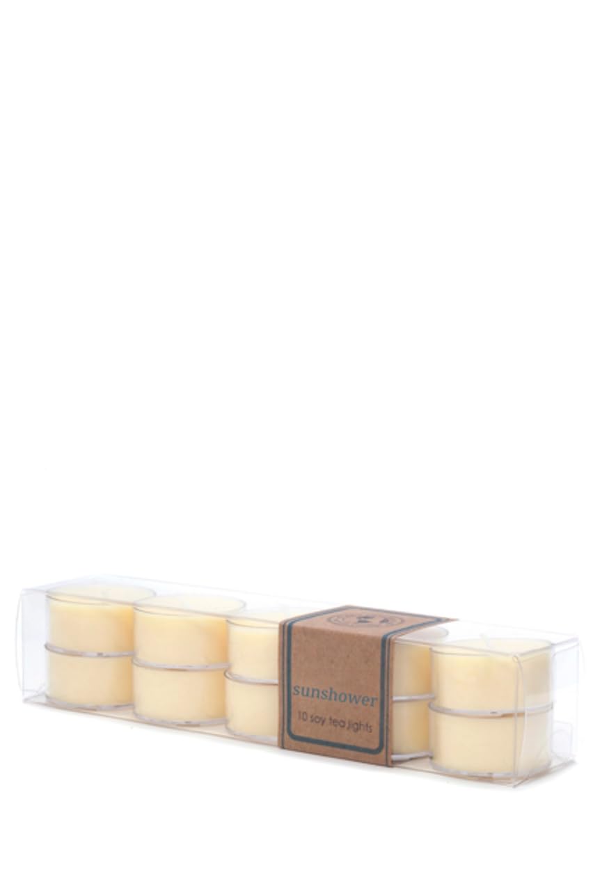 Eco Candle Co. Tea Light Candles, Sunshower, 10-Pack - Scents of Citrus & Musk - Recyclable Plastic Cups, 100% Soy Wax, No Lead,