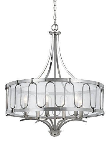 Cal 60W X 6 Metal Chandelier, Brushed Steel, 26 x 26 x 30 in, Model FX-3646-6, Transparent Fabric Shade