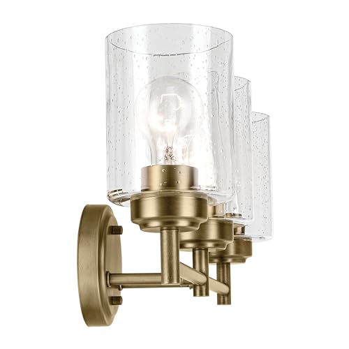 Kichler Winslow 3-Light Vanity Light, 21.5" Natural Brass, Clear Seeded Glass, Model 45886NBR, Luxe Industrial Design
