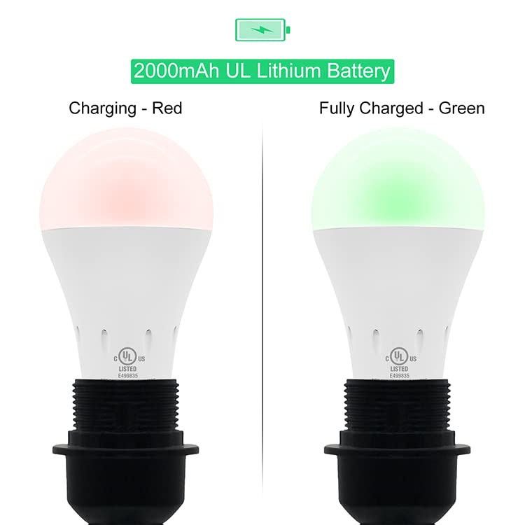 JackonLux Emergency Rechargeable Light Bulbs, 80W Equivalent, Dimmable Warm White, 2 Pack, Self-Charging, 2000mAh, Soft White 3000K