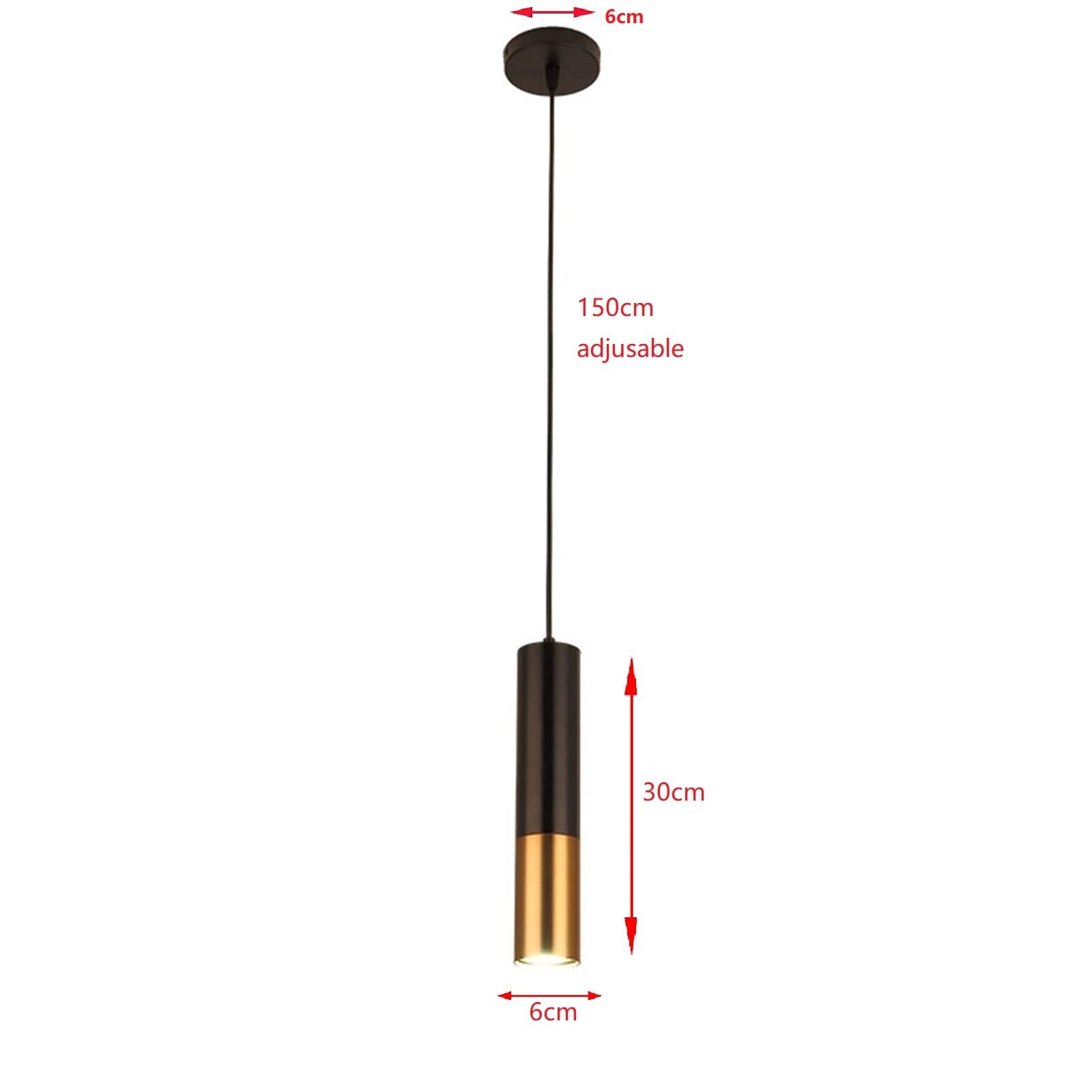 Hobaca GU10 Pendant Light, Black Gold Metal, 6CM Diameter, 30CM Length, Ideal for Kitchen Island, Dining Room, Bedroom, Bar