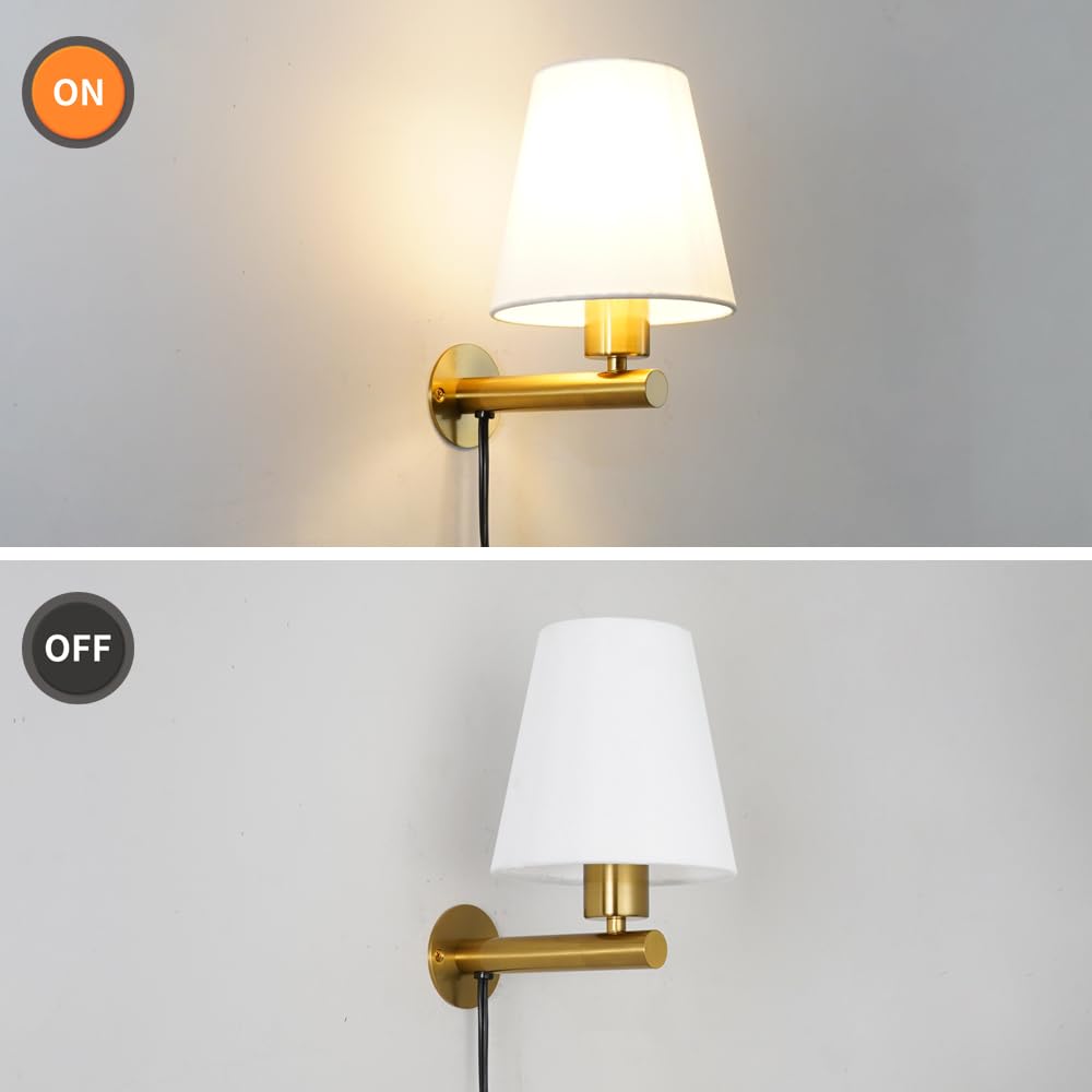 Gold Plug In Wall Sconces Set Of Two, Brass Wall Sconce Lights For Bedroom Plug In, Wall Lamp With On/Off Switch Cord, Bedside P