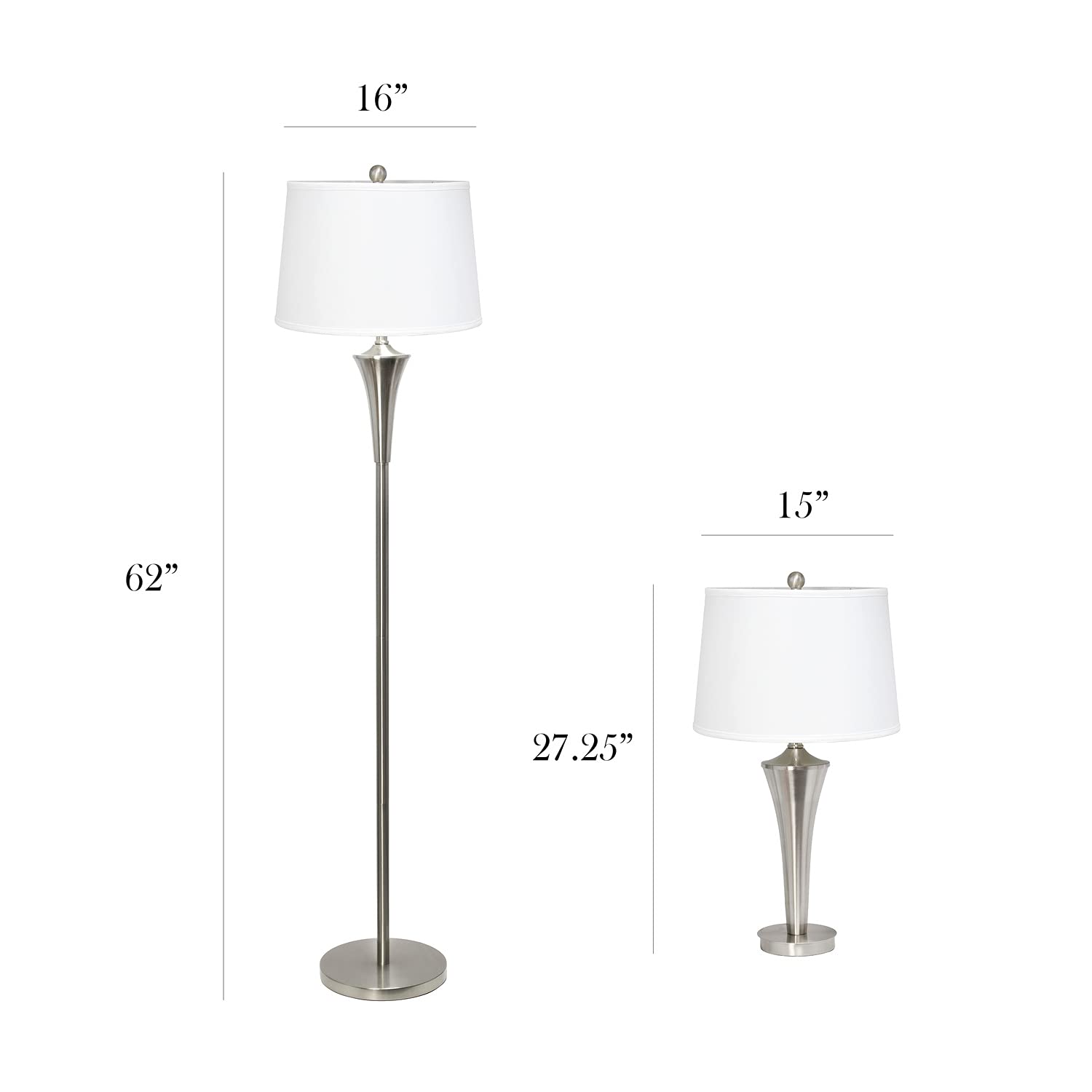 Elegant Designs Lc1020-Bsn Tapered 3 Pack Lamp Set (2 Table Lamps, 1 Floor Lamp) With White Fabric Shades, Brushed Nickel