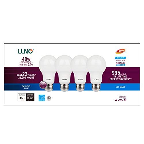 Luno A19 Dimmable Led Bulb, 5.5W (40W Equivalent), 450 Lumens, 5000K (Daylight), Medium Base (E26), Ul & Energy Star (4-Pack)