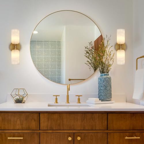 Alabaster Wall Sconce 14In Modern Spanish Natural Marble Bathroom Vanity Sconces  Antique Brass Sconces Wall Lighting  Gold Wall Light Fixtures Decor  For Bedroom Living Room Staircases Hallway