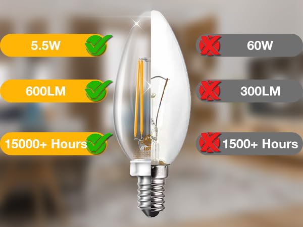 Daybetter B11 Chandelier Light, Dimmable E12 Led 60W Equivalent, Candelabra Bulbs, High Brightness 600 Lm Warm White 2700K, Fila