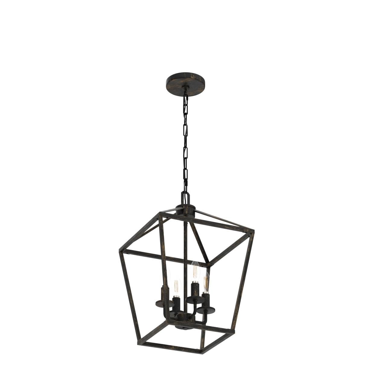4 Light Chandelier Lighting, Industrial Ceiling Light Black Lantern With Brushed Gold, Geometric Metal Hanging Light Fixture Wit
