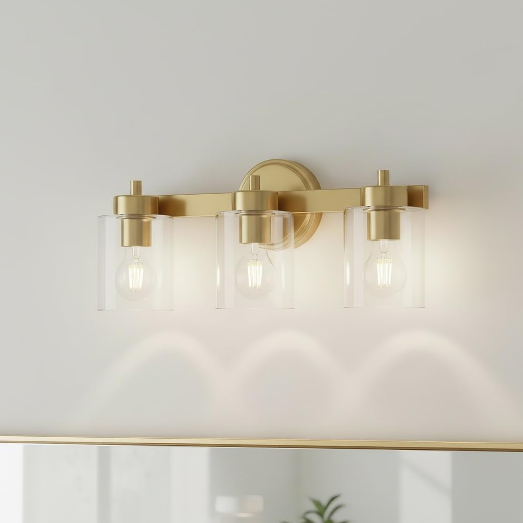 Ken & Ricky 4 Light Brushed Gold Bathroom Vanity Lights Fixtures Over Mirror  Modern Bathroom Wall Sconce Lighting Fixtures 24.6 inch with Clear Glass Shades for Living Room Bedroom Entryway