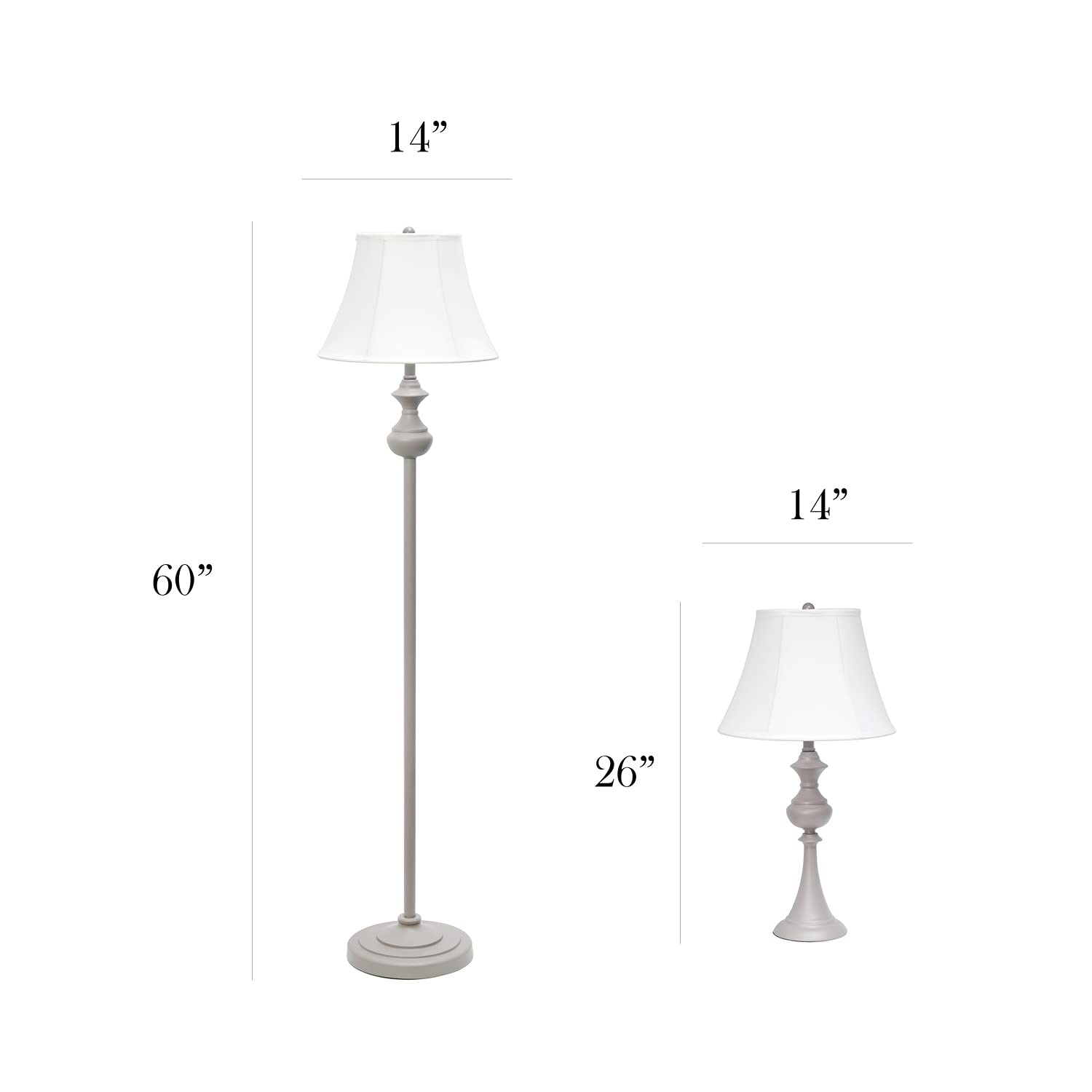 Elegant Designs Lc1019-Gry Traditionally Crafted 3 Pack Lamp Set (2 Table Lamps, 1 Floor Lamp) With Tan Fabric Shades, Gray