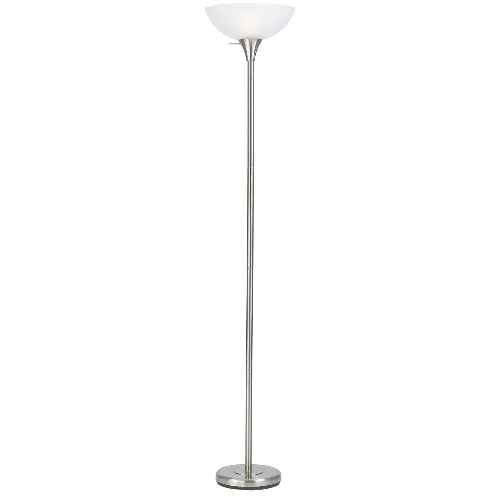 Homeroots Nickel Torchiere Floor Lamp - 70 In. With White Frosted Glass Dome Shade, Metal Construction