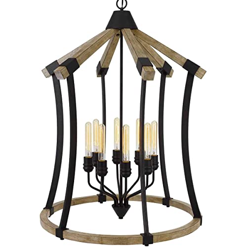 Cal Lighting FX-3707-8 Chandelier, 60W, Metal/Pine Wood, Iron/Light Oak, 28.5inL x 28.5inW x 39.25