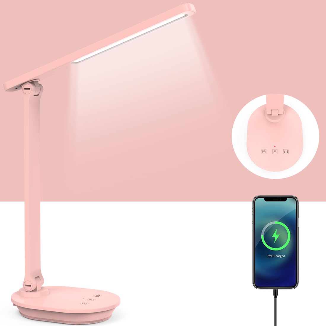 Pink Desk Lamp College Dorm Essentials for Girls, 3 Color Dimmable Reading Lamp, Battery Operated, USB Rechargeable Powered, Cor