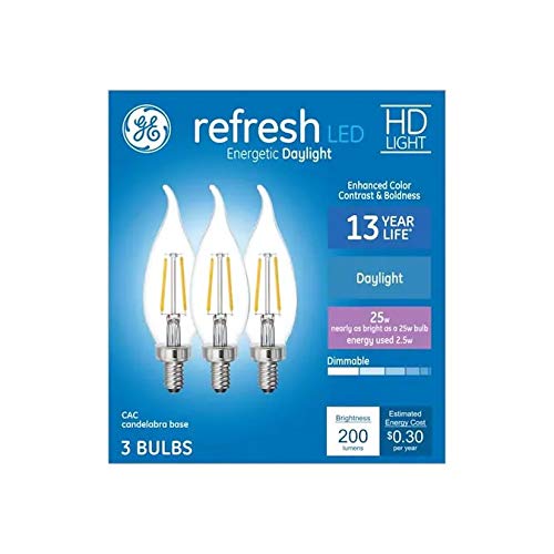GE Refresh 25-Watt EQ CA11 Daylight Dimmable Candle Light Bulb (3-Pack) LED Light Fixture Light Bulbs Candelabra Light Bulb