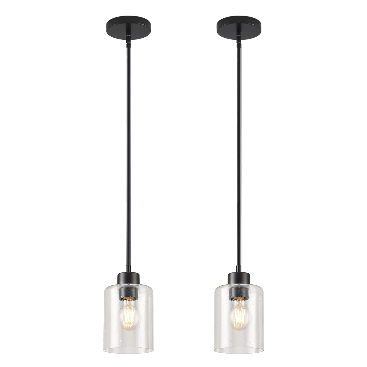 KLSS Black Pendant Lights - Seeded Glass Fixture, 12in & 4in Rods, 2 Pack, Metal