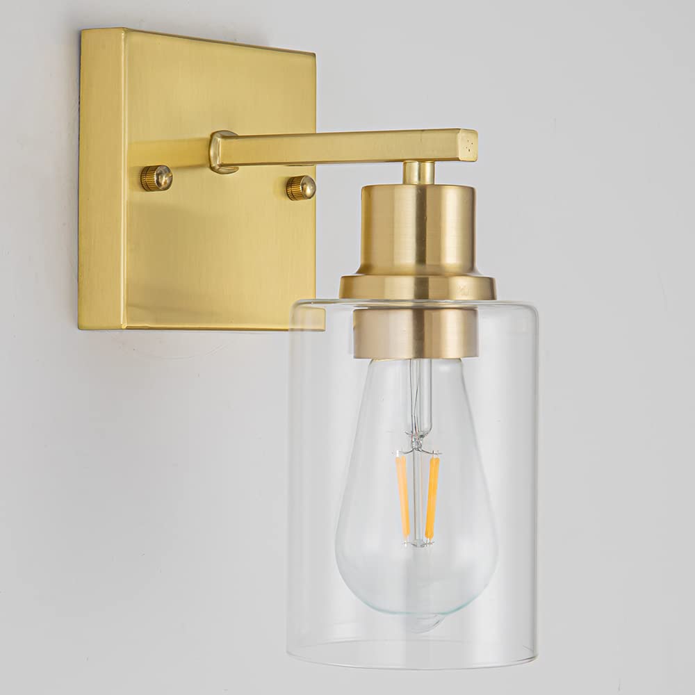 Emong Gold Bathroom Light Fixtures,1-Lights Brushed Brass Vanity Light With Clear Glass Shade, Wall Sconces For Hallway, Farmhou
