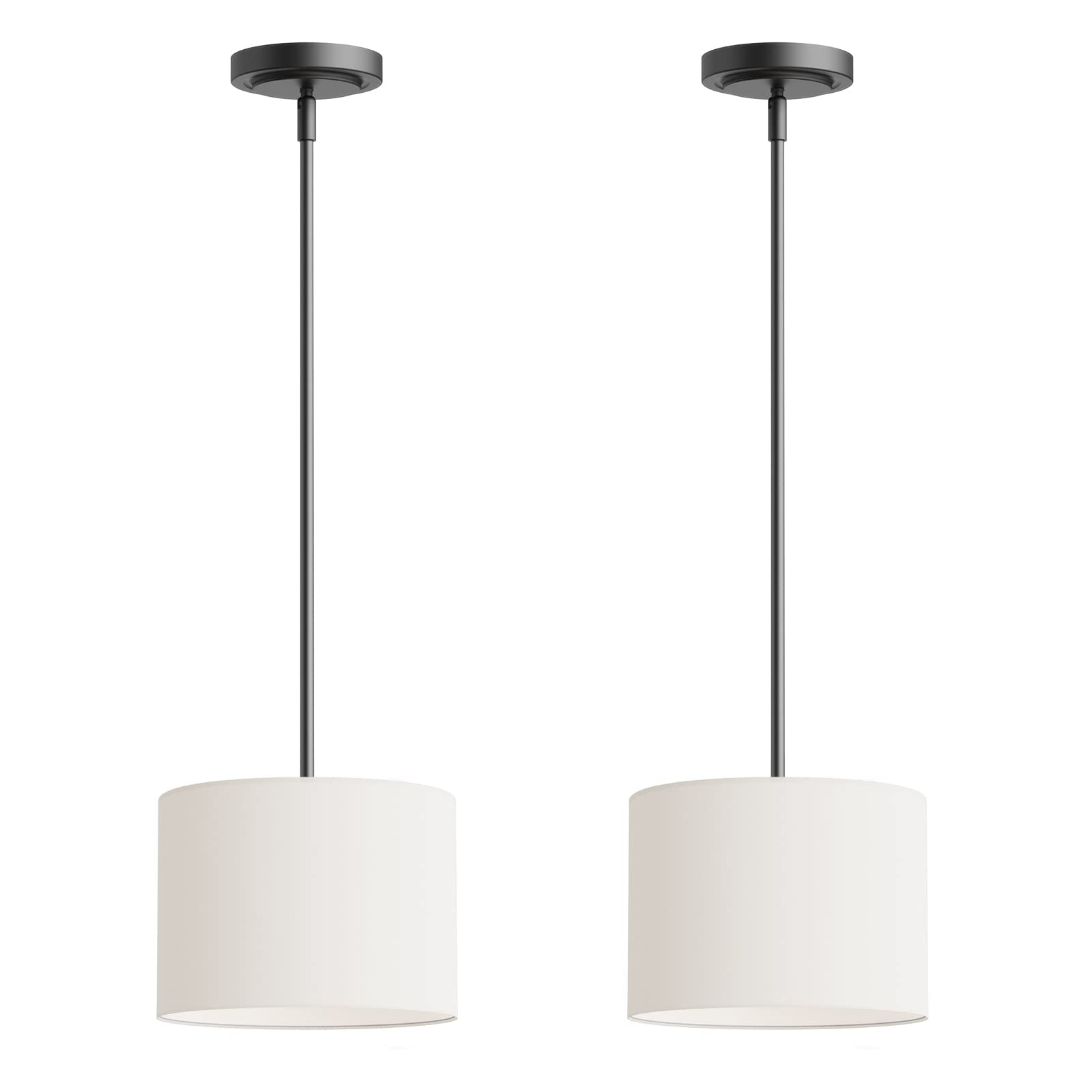 Electro Bp;9'' Dia White Linen Drum Shade Hanging Pendant Light Fixture With Black Pole Kit,E26,Hardwired,2-Pack;