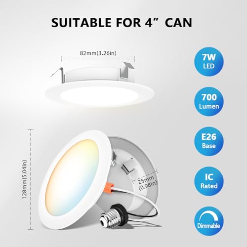 LVWIT LED Recessed Light 4" Dimmable Downlight 7W 5CCT Color Selectable, E26 Conversion Kit, 6 Pack, White