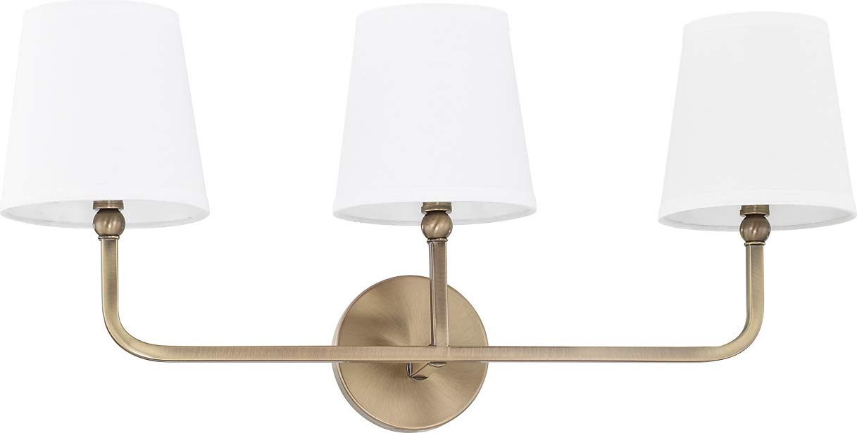 Capital Lighting Dawson 3-Light Bath Vanity Wall Mount, Aged Brass, 12in H x 26in W, Model 119331AD-674, Decorative White Fabric Shade