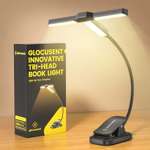 Glocusent Tri-Head Book Light - 5 Brightness Levels, 3 Colors, 1000Mah Rechargeable, Timer
