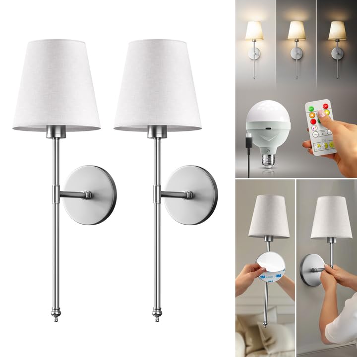 PRIDOLA Set of 2 Wireless Wall - Stick-On or Screw Mount for Easy Installation, Rechargeable LED Bulbs, Remote Controlled, Adjus