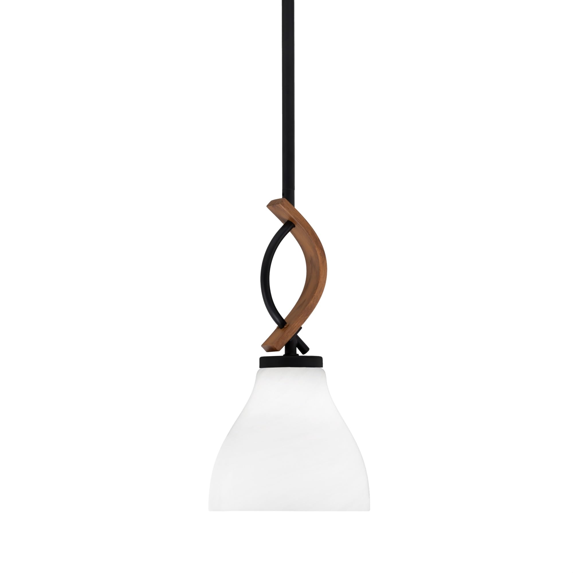Toltec Lighting Monterey Stem Hung Mini Pendant - Matte Black & Wood-Look Metal, 6.25in White Marble Glass