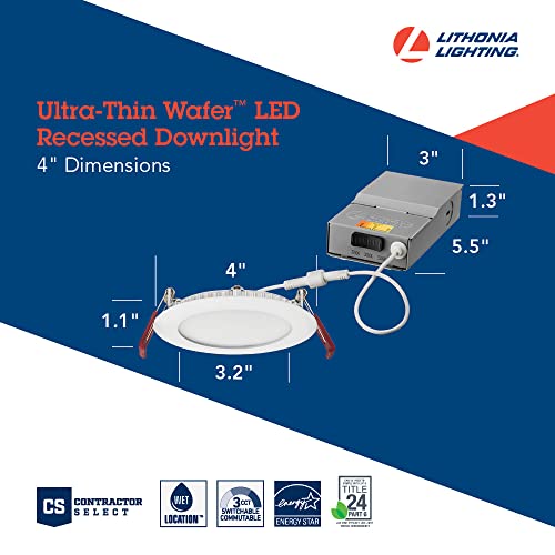Lithonia Lighting Wf4 Led 30K40K50K 90Cri Mw M6 Recessed Light, Wafer Downlight With Ultra Thin Round Trim, Color Temperature Selectable, 3000K | 4000K | 5000K, 4-Inch, Matte White