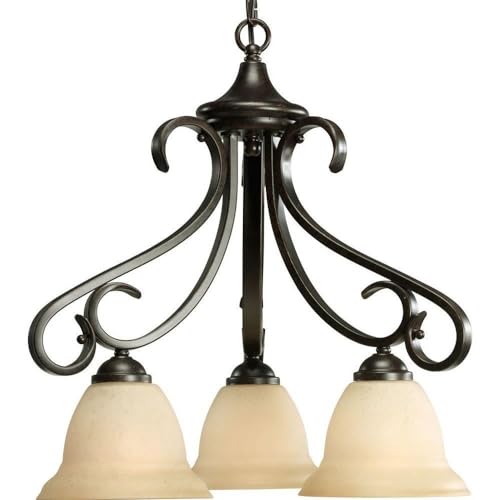 Progress Lighting P4405-77 3-Light Chandelier With Tea Stained Bell-Shaped Glass Bowls And Squared Scrolls And Arms, Forged Bron